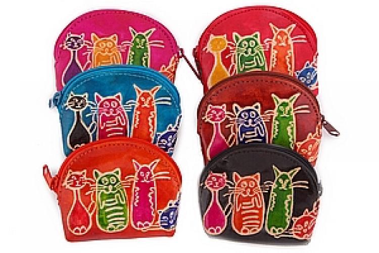 Кошелек под мелочь натруальная кожа  ручной принт "Кошки" уп./6шт №73