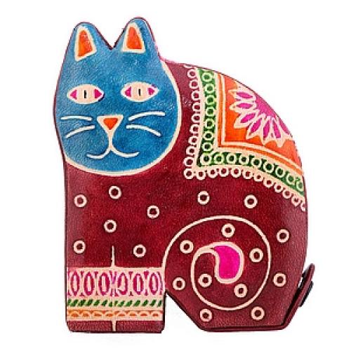 Копилка под мелочь натуральная кожа ручной принть"Кошка" №129