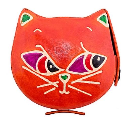 Копилка под мелочь  натуральная кожа  ручной принт "Кошка" №30