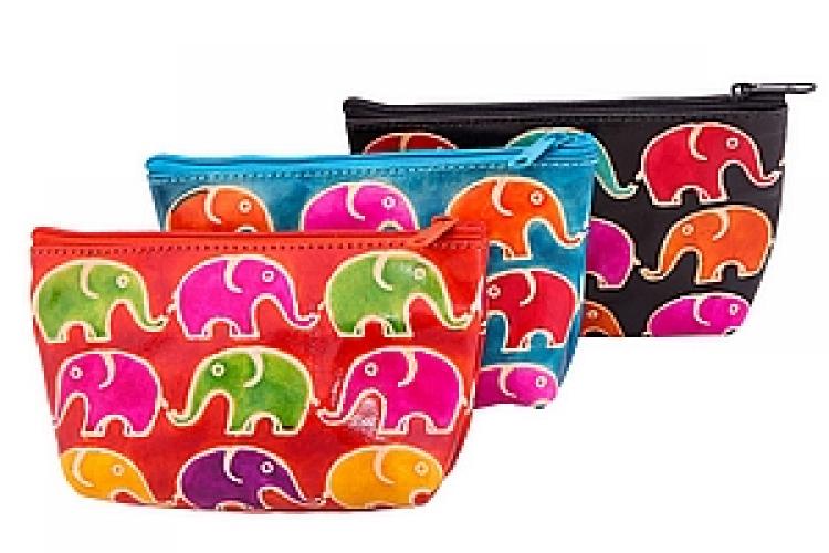 Косметичка натуральная кожа  ручной принт " Слоны"уп./ 3 шт.№125