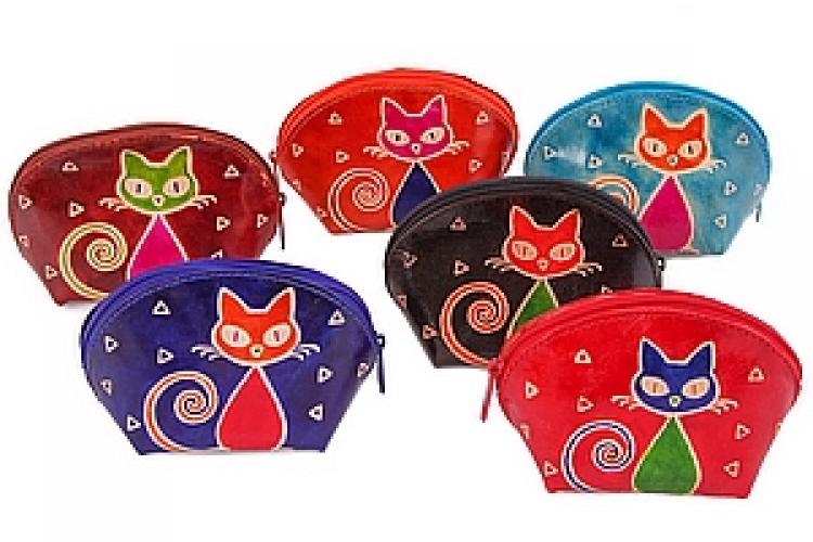 Кошелек под мелочь  ручной принт натуральная кожа "Кошки" уп./6шт №46