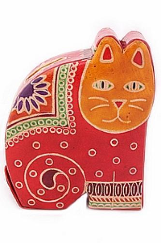 Копилка под мелочь натуральная кожа ручной принт "Кошка" №193