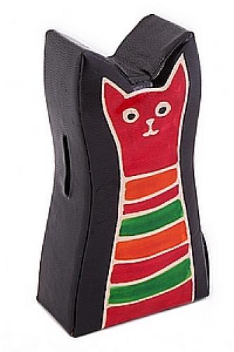 Копилка под мелочь натуральная кожа ручной принт "Кошка" №178