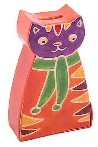 Копилка под мелочь натуральная кожа ручной принт "Кошка" №103