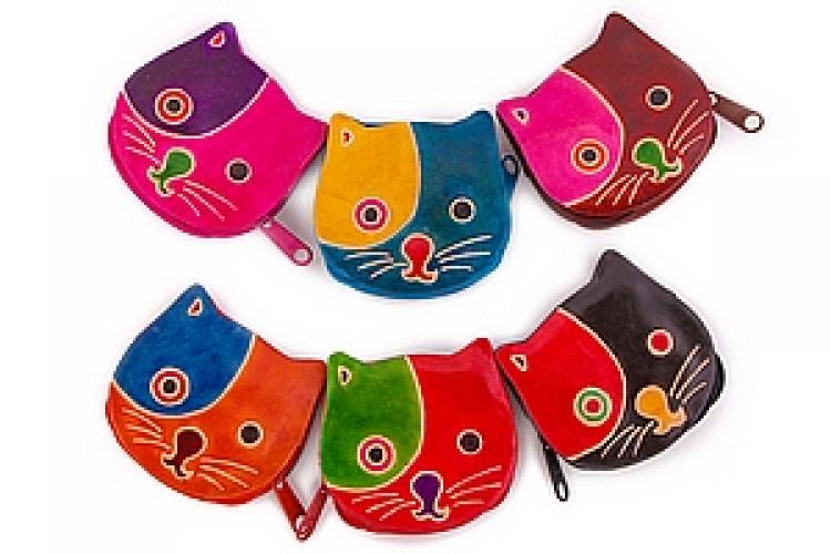 Кошелек под мелочь ручной принт  натуральная кожа "Кошки" уп./6шт №182