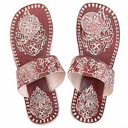 Шлепки (натуральная кожа) ручной принт №148