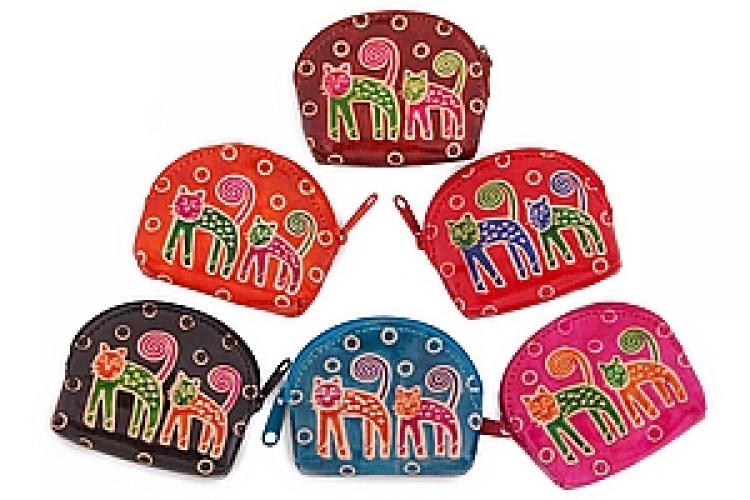 Кошелек под мелочь натруальная кожа  ручной принт "Кошки" уп./6шт №127