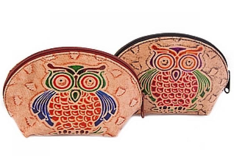 Косметичка натуральная кожа  ручной принт " Совы"уп./ 2 шт.№90