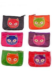 Кошелек под мелочь ручной принт натруальная кожа "Кошки"  уп./6шт №154