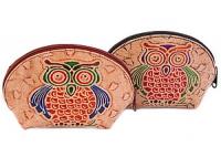 Косметичка натуральная кожа  ручной принт " Совы"уп./ 2 шт.№90
