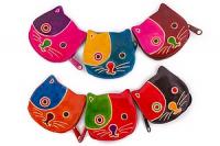 Кошелек под мелочь ручной принт  натуральная кожа "Кошки" уп./6шт №182